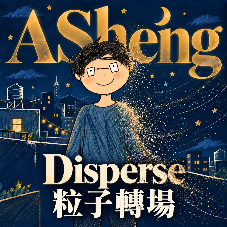 ASheng Disperse 粒子轉場插畫：台北夜色中的人物與金色粒子