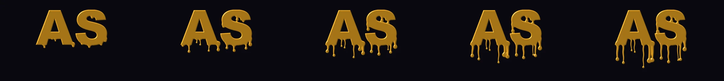 金色「AS」文字從乾淨到滴落完成的五格連拍，依序是 0.5、1.3、2.2、3.2、4.5 秒