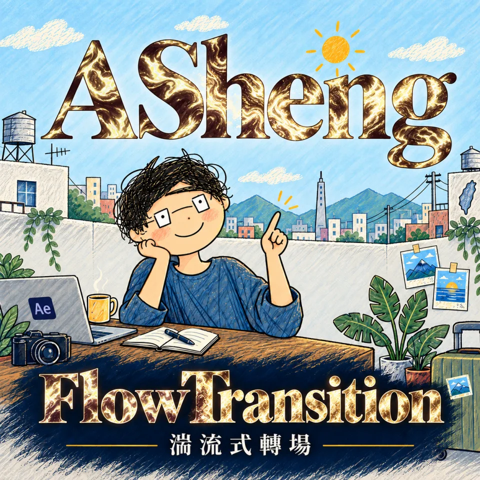 ASheng FlowTransition 湍流式轉場插畫：白天工作室的人物與金色流體字樣
